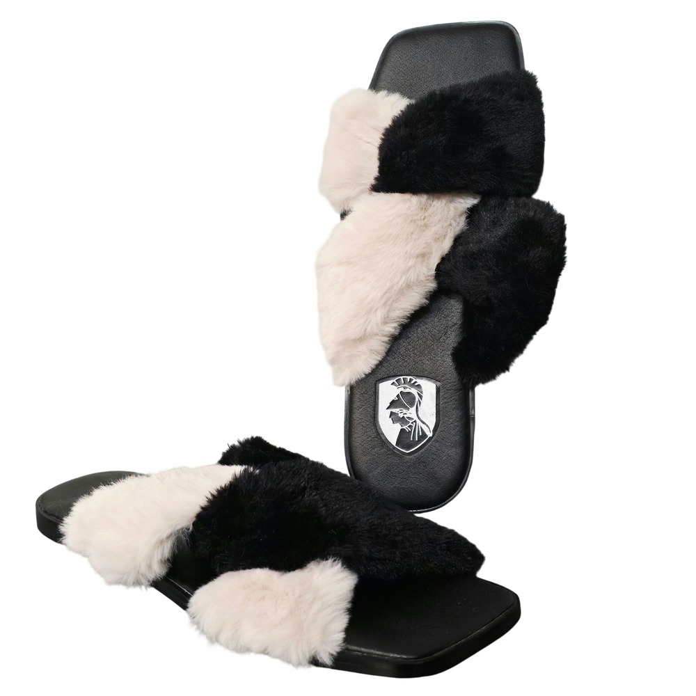 VHNY New York Genuine Rabbit Fur Slides Black Cream Square Toe Flat Sandals 37